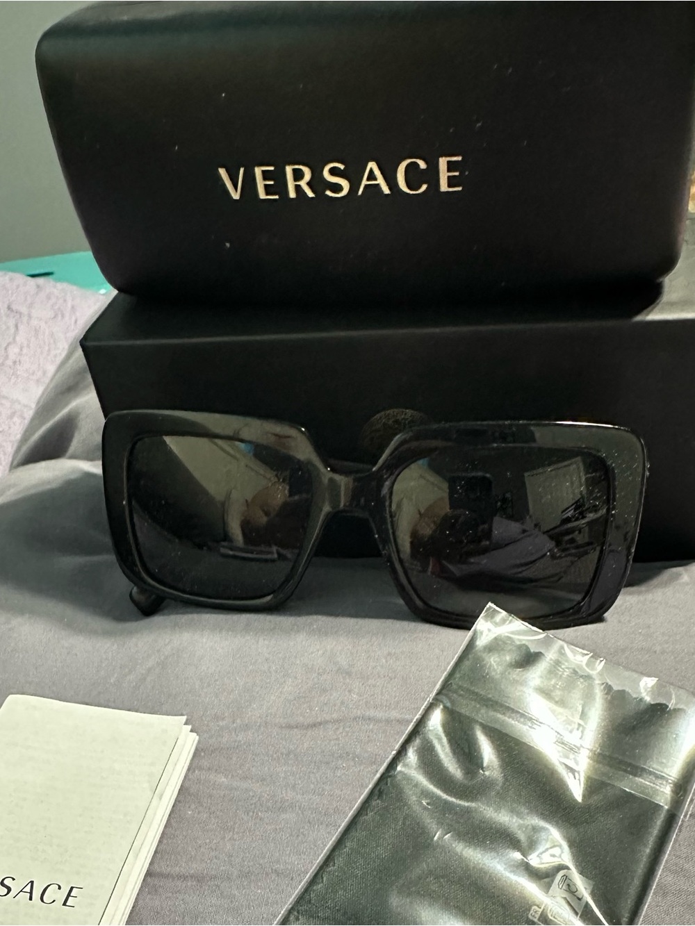 Versace Black Oversized Square Sunglasses 100% authentic with case, box, papers